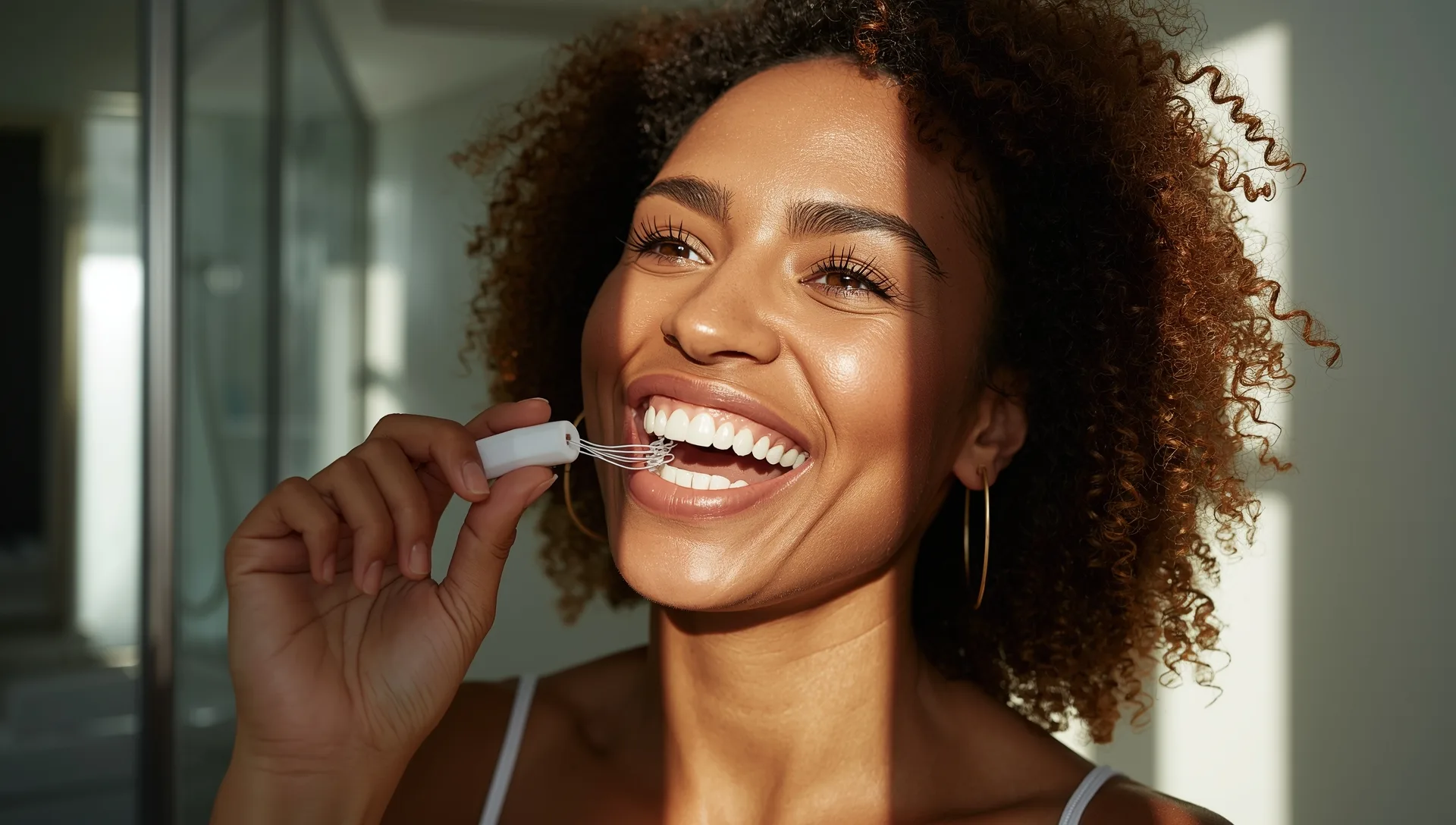 Woman with a bright white smile holding an LED teeth-whitening mouthpiece in a sunlit bathroom