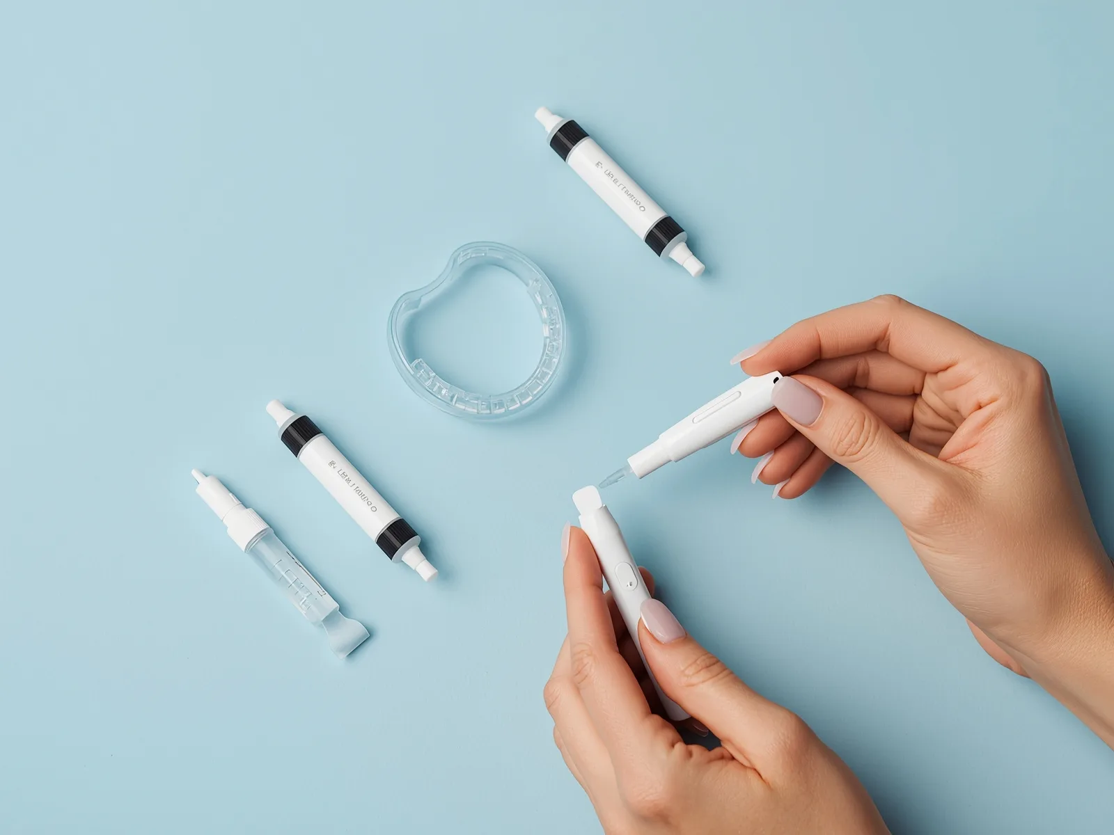 Hands arranging whitening kit components: gel syringes, silicone mouth tray, LED mouthpiece, and touch-up pen